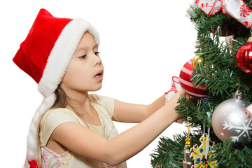 Girl Decorating Christmas Tree Isolated on White