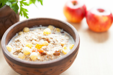 Cereal flakes with hot milk - a quick breakfast