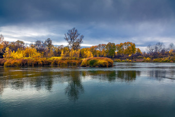Autumn Sunset in the wild Siberian taiga