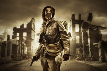 Post apocalyptic survivor in gas mask - obrazy, fototapety, plakaty