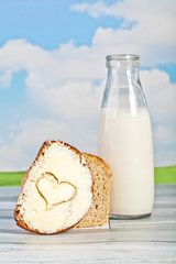 bread, milk, butter on a background of the sky - a picnic