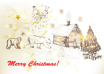 Christmas and New year greeting card with Santa, bears, house in