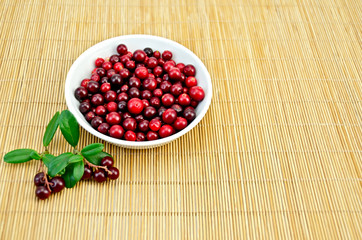Lingonberry in a cup on a bamboo mat