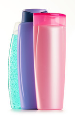 Plastic bottles of body care and beauty products