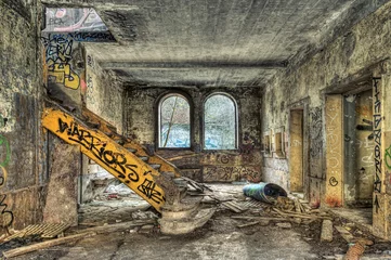 Foto op Plexiglas Strange yellow painted stairway in an abandoned coal mine © tobago77