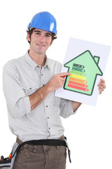 Man stood pointing energy-rating review