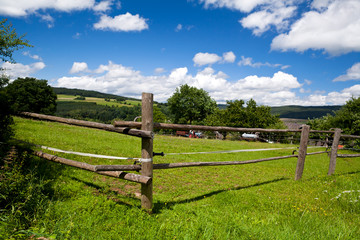 Fototapeta na wymiar wooden fence on green pasture