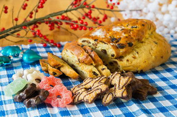 Currant bread with almond paste and other sweet food