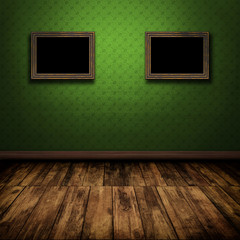Dark vintage room with wooden floor and old frames on the wall
