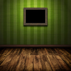Dark vintage room with wooden floor and old frame on the wall