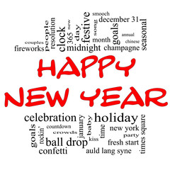 Happy New Year Word Cloud in red and black