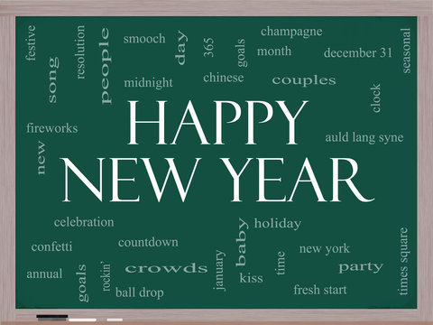 Happy New Year Word Cloud Concept on a Blackboard