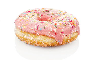Pink donut isolated on white background