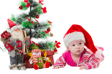 Santa baby girl in Christmas  on white background
