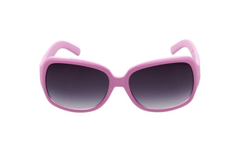 Gray sunglasses with violet frame on white background