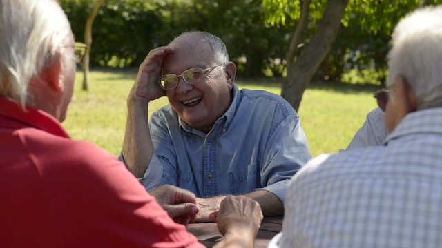 Old people, group of senior men having fun and laughing in park