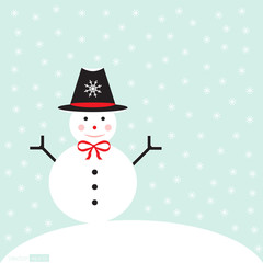 snowman with black hat on blue snow background