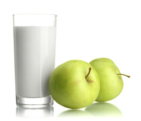 Glass of kefir and green apples, isolated on white