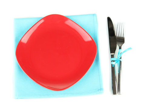 Empty Red Plate With Fork And Knife