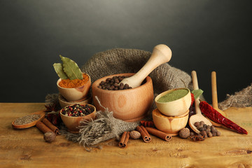 mortar, bowls and spoons with spices,