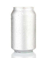 Aluminum can with water drops isolated on white