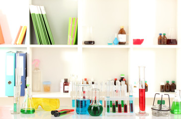 Obraz premium Different laboratory glassware with color liquid