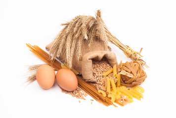 pasta ingredients assortment isolated on white background