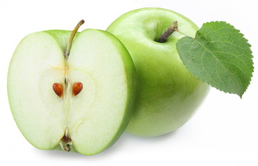 Green apple with half on a white background.