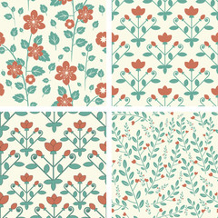 Set of seamless floral patterns in red and green
