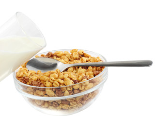 Milk's glasses with bowl  flakes. Isolated