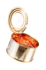 Ajar metallic can with food isolated on white background