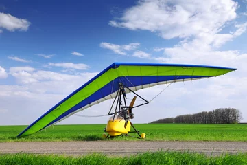Rolgordijnen Motorized hang glider over green grass © BRIAN_KINNEY