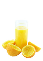 Orange juice with hand, squeeze of orange.
