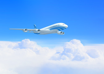 White passenger plane in the blue sky