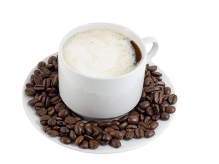 Cup of hot coffee and grains of coffee. Isolated.