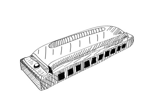 Harmonica In Black And White. Hand Drawn Illustration