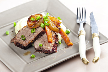 beef stew with carrot and mashed potatoes