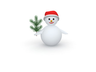 Snowman with Santa Claus hat and pine branch on white background
