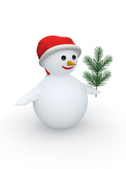 Snowman with Santa Claus hat and pine branch on white background
