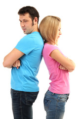 Young couple quarreling isolated on white