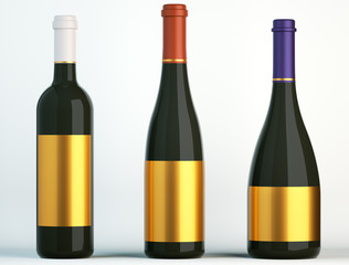 Three bottles for wine with blank golden labels