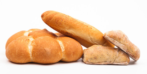 assortment of baked bread isolated on white background