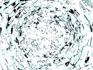 Destruction: Pieces of broken glass isolated