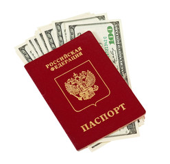 Russian passport and US dollars isolated on white background