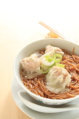 chinese cuisine, wonton noodles with chopsticks from high angle