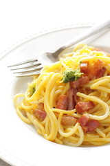 italian cuisine, Carbonara spaghetti on white background