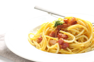 italian cuisine, Carbonara spaghetti on white background