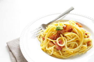 italian cuisine, Carbonara spaghetti on white background