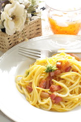 italian cuisine, Carbonara spaghetti with iced tea