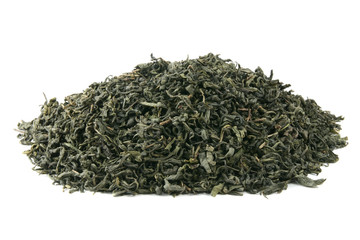 Pile of green tea isolated on white